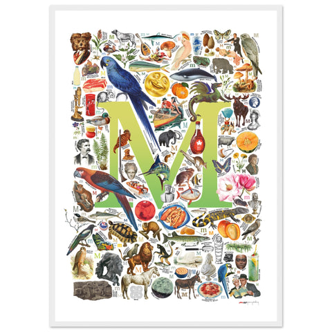 "M is for Magical" — a Renard Roux alphabet poster with English M words (chartreuse version)
