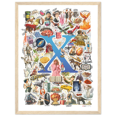 "X is for Xanadu" — a Renard Roux alphabet poster with English X words (blue version)