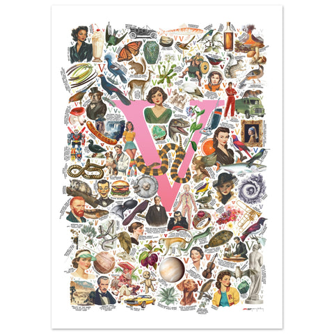 "V is for Voyage" — a Renard Roux alphabet poster with English V words (pink version)