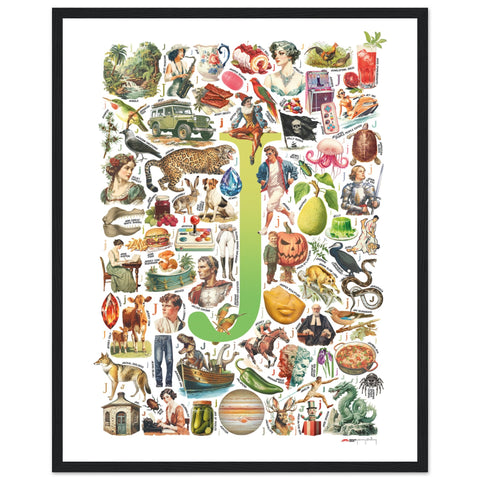 "J is for Journey" — a Renard Roux alphabet poster with English J words (chartreuse version)