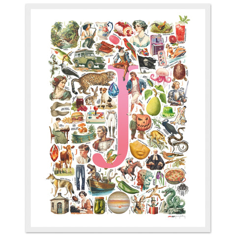 "J is for Journey" — a Renard Roux alphabet poster with English J words (pink version)