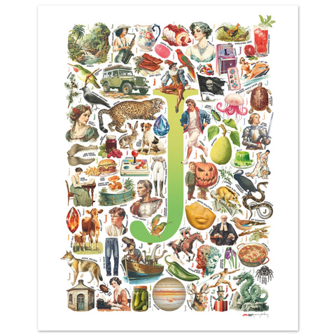 "J is for Journey" — a Renard Roux alphabet poster with English J words (chartreuse version)