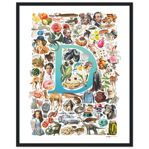 "D is for Discovery" — a Renard Roux alphabet poster with English D words (turquoise version)