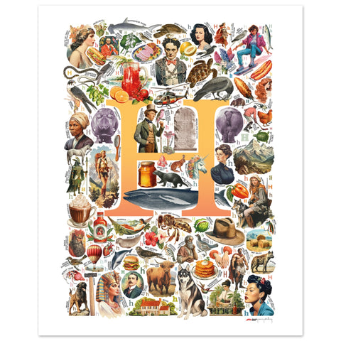 "H is for Heroes" — a Renard Roux alphabet poster with English H words (yellow version)
