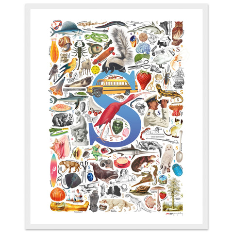 "S is for Surprise" — a Renard Roux alphabet poster with English S words (blue version)