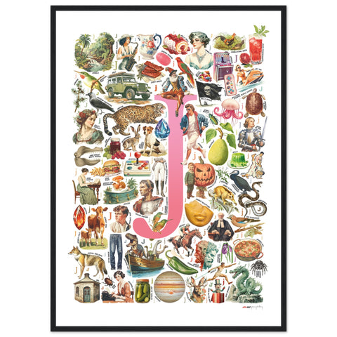 "J is for Journey" — a Renard Roux alphabet poster with English J words (pink version)