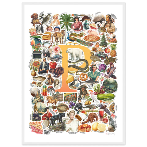 "P is for Pioneer" — a Renard Roux alphabet poster with English P words (yellow version)