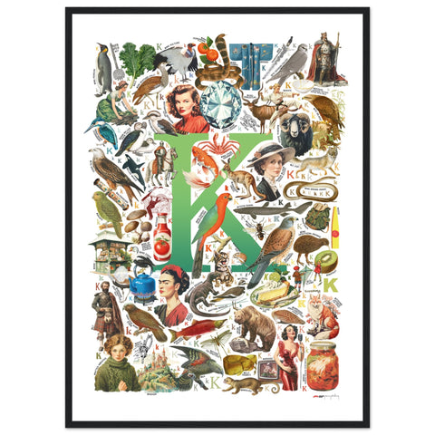 "K is for Keen" — a Renard Roux alphabet poster with English K words (green version)