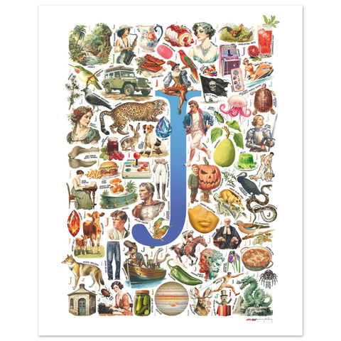"J is for Journey" — a Renard Roux alphabet poster with English J words (blue version)