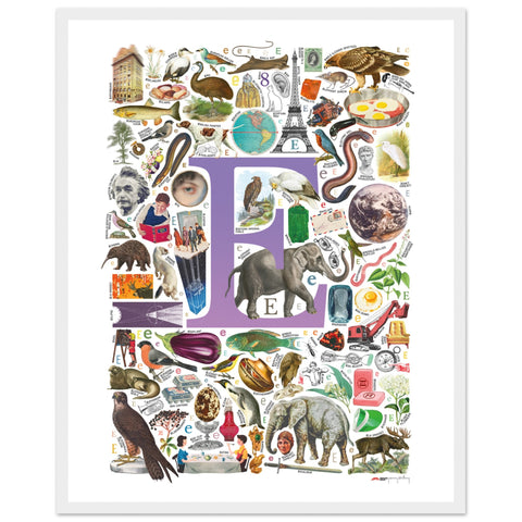 "E is for Explore" — a Renard Roux alphabet poster with English E words (purple version)