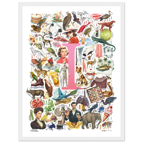 "I is for Imagination" — a Renard Roux alphabet poster with English I words (pink version)