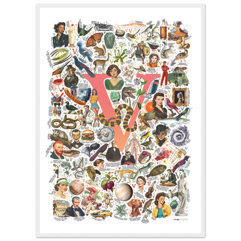 "V is for Voyage" — a Renard Roux alphabet poster with English V words (red version)