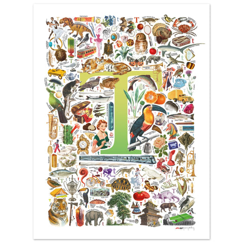 "T is for Treasure" — a Renard Roux alphabet poster with English T words (chartreuse version)