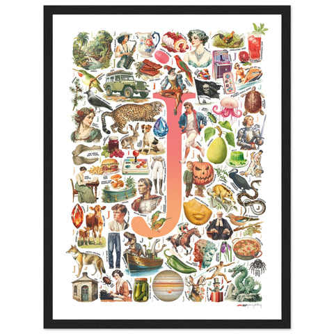 "J is for Journey" — a Renard Roux alphabet poster with English J words (red version)
