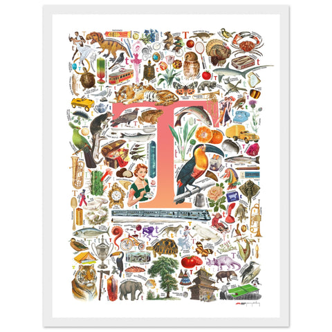 "T is for Treasure" — a Renard Roux alphabet poster with English T words (red version)