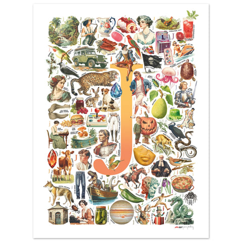 "J is for Journey" — a Renard Roux alphabet poster with English J words (yellow version)