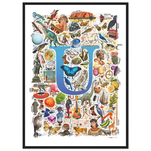 "U is for Unique" — a Renard Roux alphabet poster with English U words (blue version)