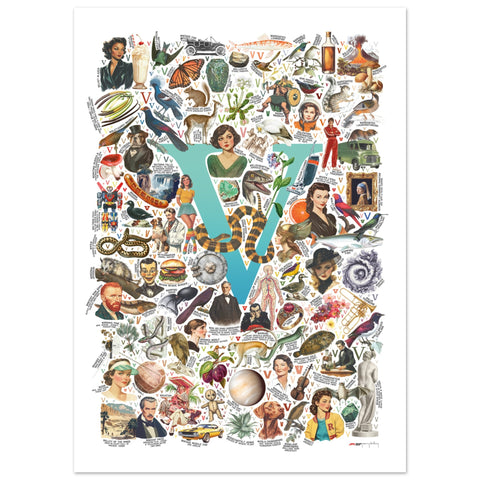 "V is for Voyage" — a Renard Roux alphabet poster with English V words (turquoise version)