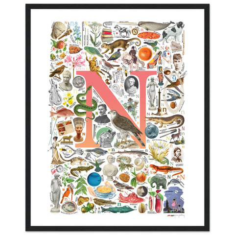"N is for Nature" — a Renard Roux alphabet poster with English N words (red version)