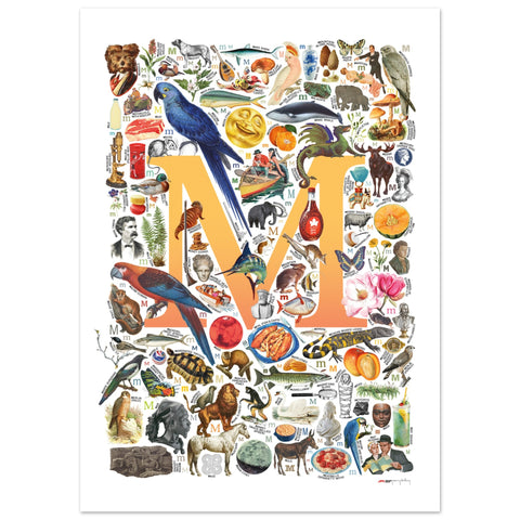 "M is for Magical" — a Renard Roux alphabet poster with English M words (yellow version)