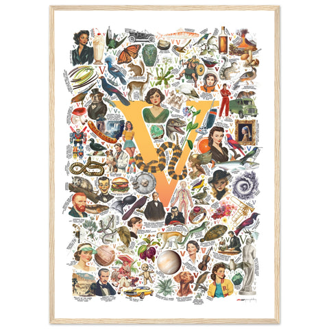 "V is for Voyage" — a Renard Roux alphabet poster with English V words (yellow version)