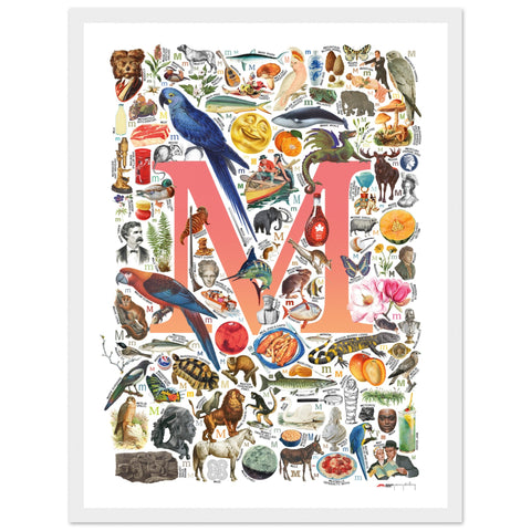 "M is for Magical" — a Renard Roux alphabet poster with English M words (red version)