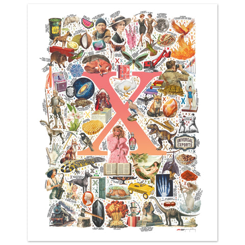 "X is for Xanadu" — a Renard Roux alphabet poster with English X words (red version)
