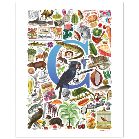 "C is for Curious" — a Renard Roux alphabet poster with English C words (blue version)