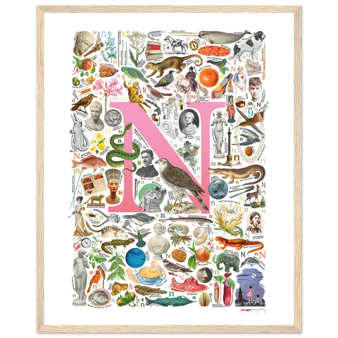 "N is for Nature" — a Renard Roux alphabet poster with English N words (pink version)