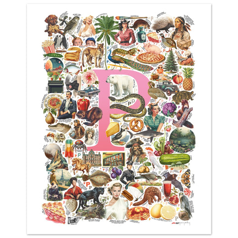 "P is for Pioneer" — a Renard Roux alphabet poster with English P words (pink version)