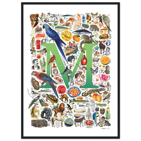 "M is for Magical" — a Renard Roux alphabet poster with English M words (green version)