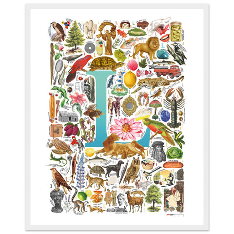 "L is for Learning" — a Renard Roux alphabet poster with English L words (turquoise version)