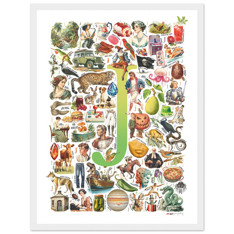 "J is for Journey" — a Renard Roux alphabet poster with English J words (chartreuse version)