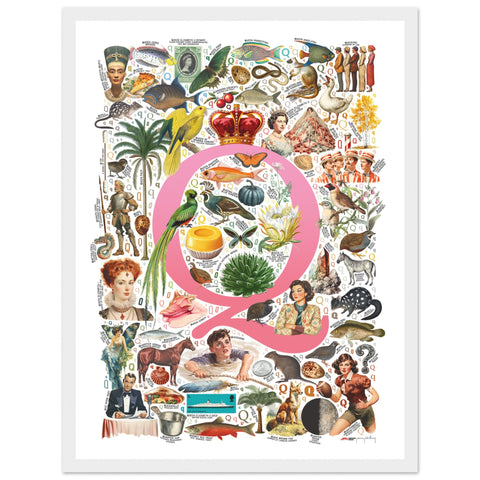 "Q is for Quest" — a Renard Roux alphabet poster with English Q words (pink version)