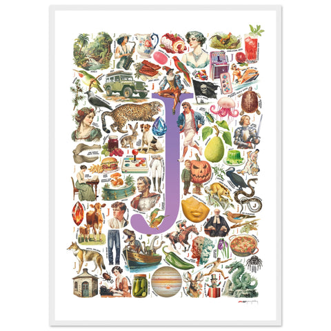 "J is for Journey" — a Renard Roux alphabet poster with English J words (purple version)