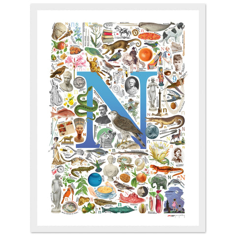 "N is for Nature" — a Renard Roux alphabet poster with English N words (blue version)