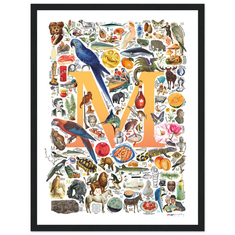 "M is for Magical" — a Renard Roux alphabet poster with English M words (yellow version)