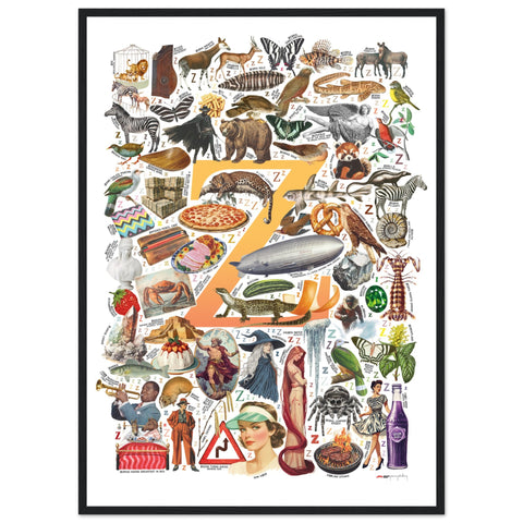 "Z is for Zenith" — a Renard Roux alphabet poster with English Z words (yellow version)