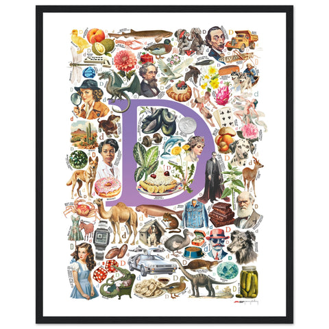 "D is for Discovery" — a Renard Roux alphabet poster with English D words (purple version)
