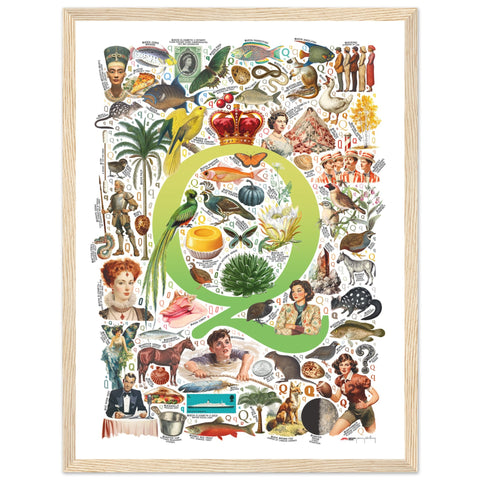 "Q is for Quest" — a Renard Roux alphabet poster with English Q words (chartreuse version)