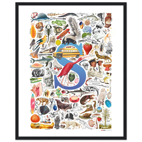 "S is for Surprise" — a Renard Roux alphabet poster with English S words (blue version)