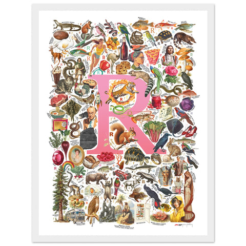 "R is for Remarkable" — a Renard Roux alphabet poster with English R words (pink version)