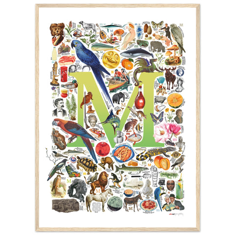 "M is for Magical" — a Renard Roux alphabet poster with English M words (chartreuse version)
