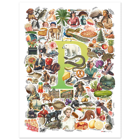 "P is for Pioneer" — a Renard Roux alphabet poster with English P words (chartreuse version)