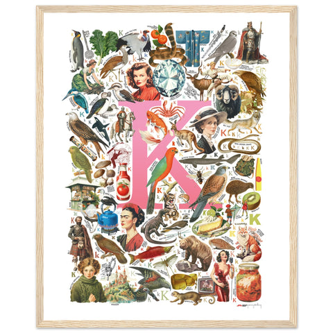 "K is for Keen" — a Renard Roux alphabet poster with English K words (pink version)