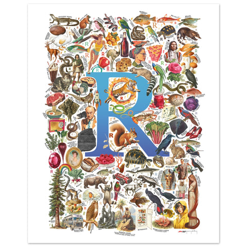 "R is for Remarkable" — a Renard Roux alphabet poster with English R words (blue version)