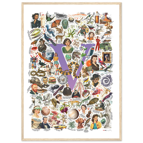 "V is for Voyage" — a Renard Roux alphabet poster with English V words (purple version)