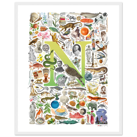 "N is for Nature" — a Renard Roux alphabet poster with English N words (chartreuse version)