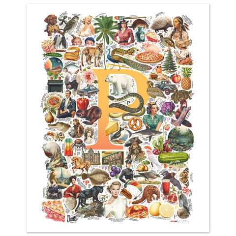 "P is for Pioneer" — a Renard Roux alphabet poster with English P words (yellow version)