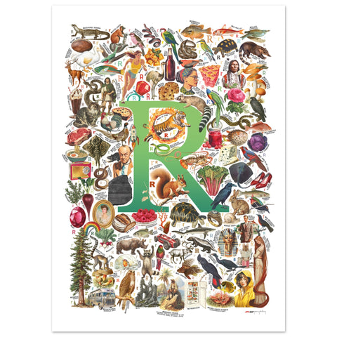 "R is for Remarkable" — a Renard Roux alphabet poster with English R words (green version)